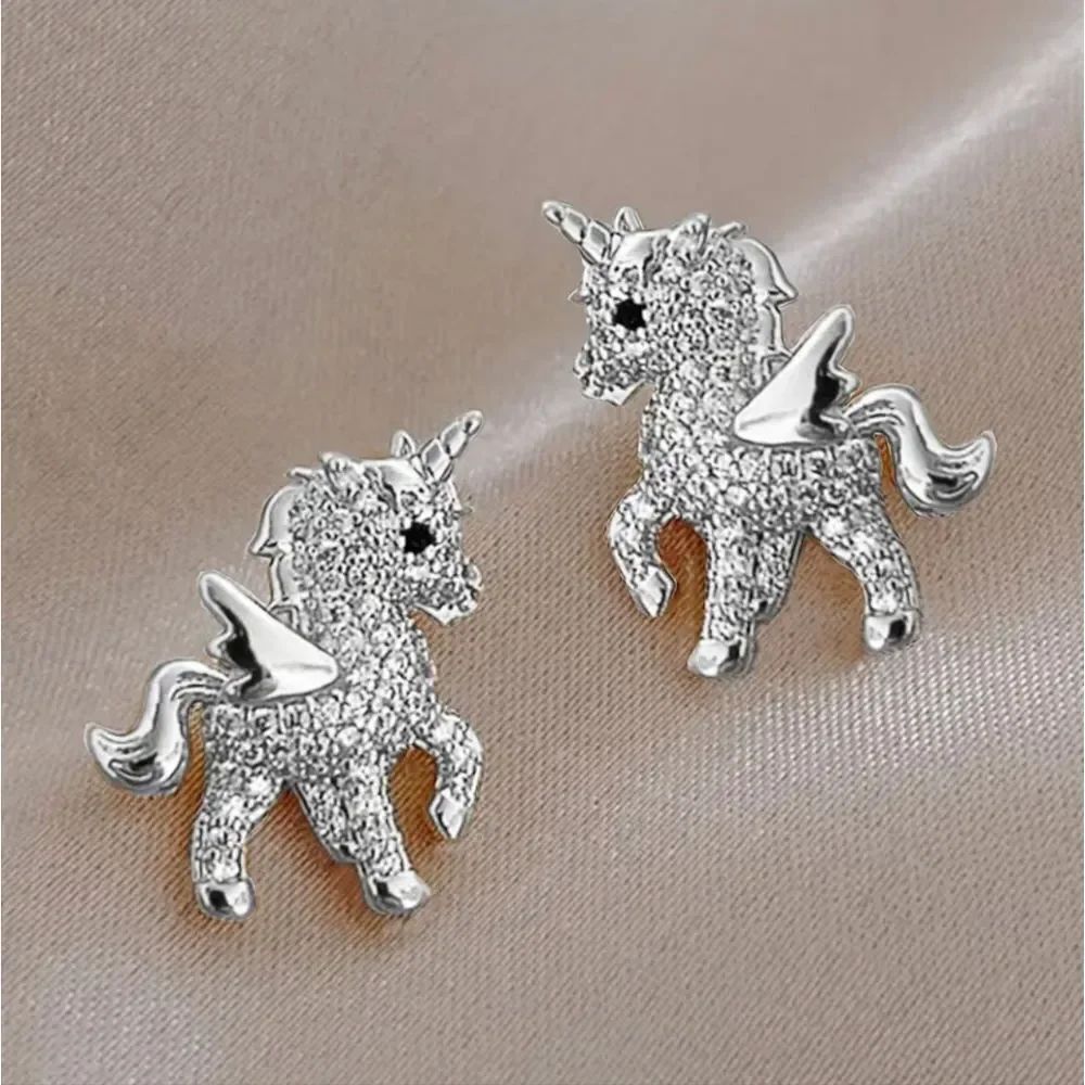 Silver Rhinestones Unicorn Stud Earrings